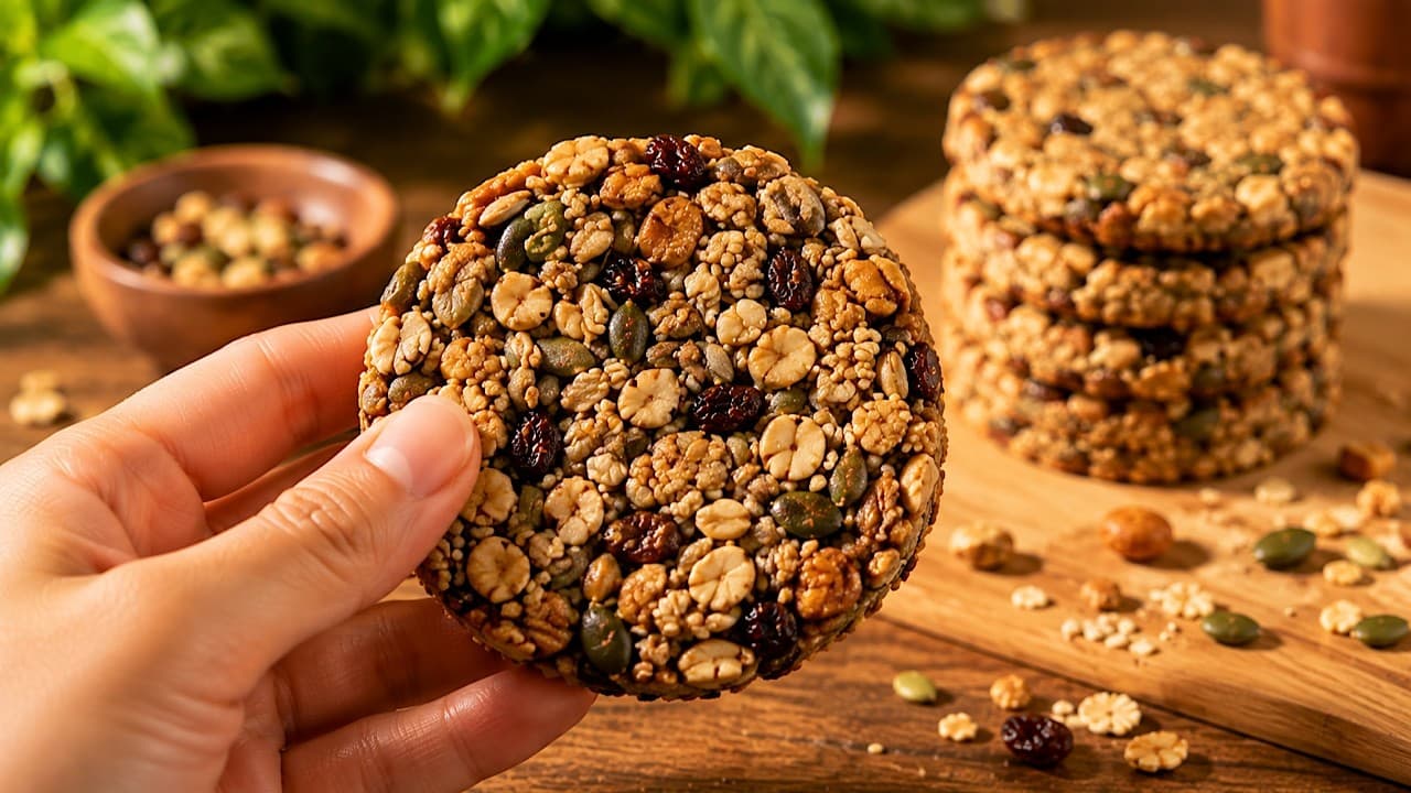 Golden baked oat and seed cookies packed with toasted cashews, almonds, peanuts, pumpkin seeds, and sunflower seeds.