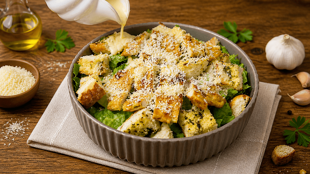 Homemade Chicken Caesar Salad topped with warm grilled chicken, golden garlic croutons, freshly grated Parmesan cheese, and rich Caesar dressing